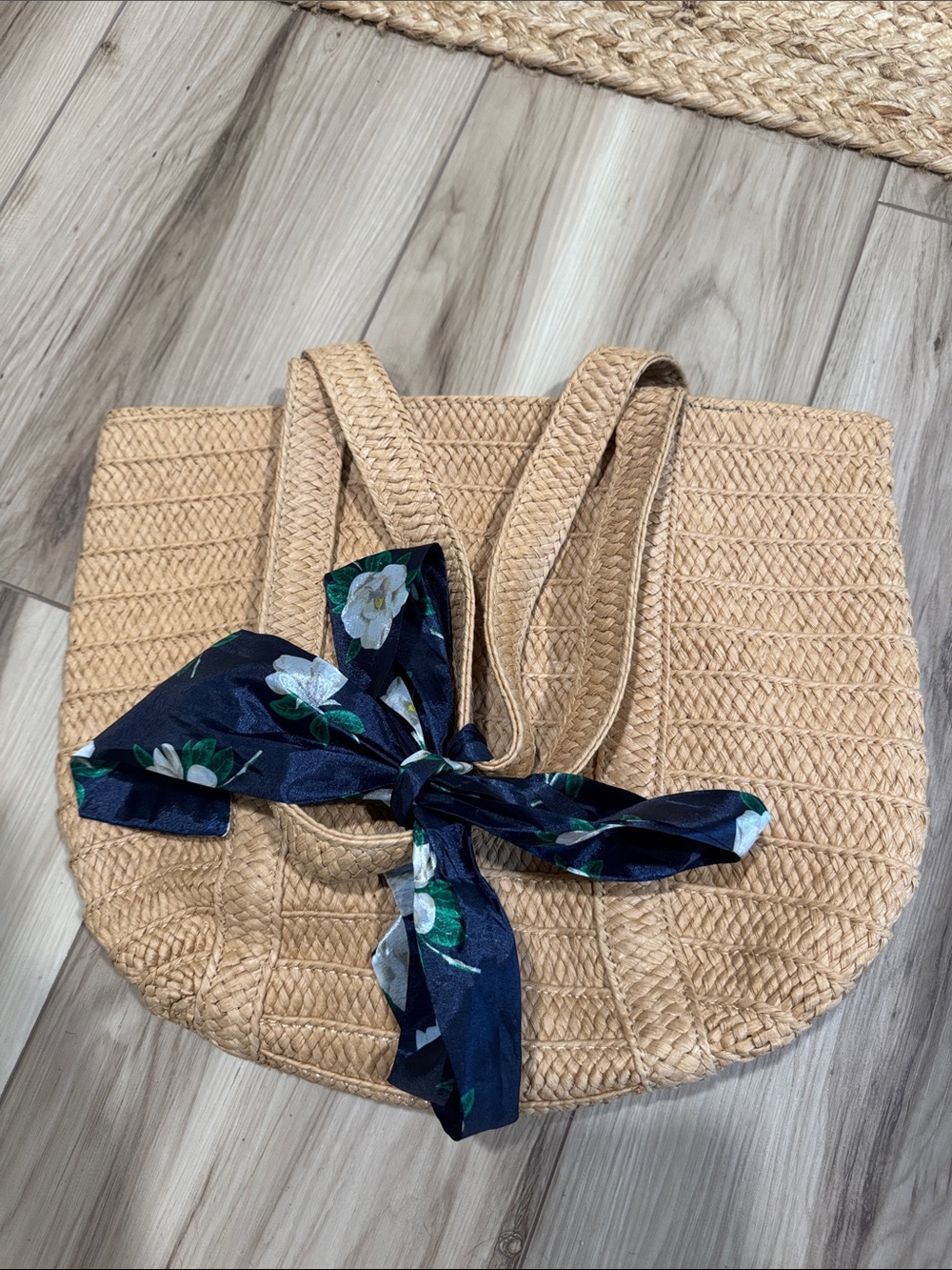 Draper James Natural Woven Tote with Navy Floral Scarf